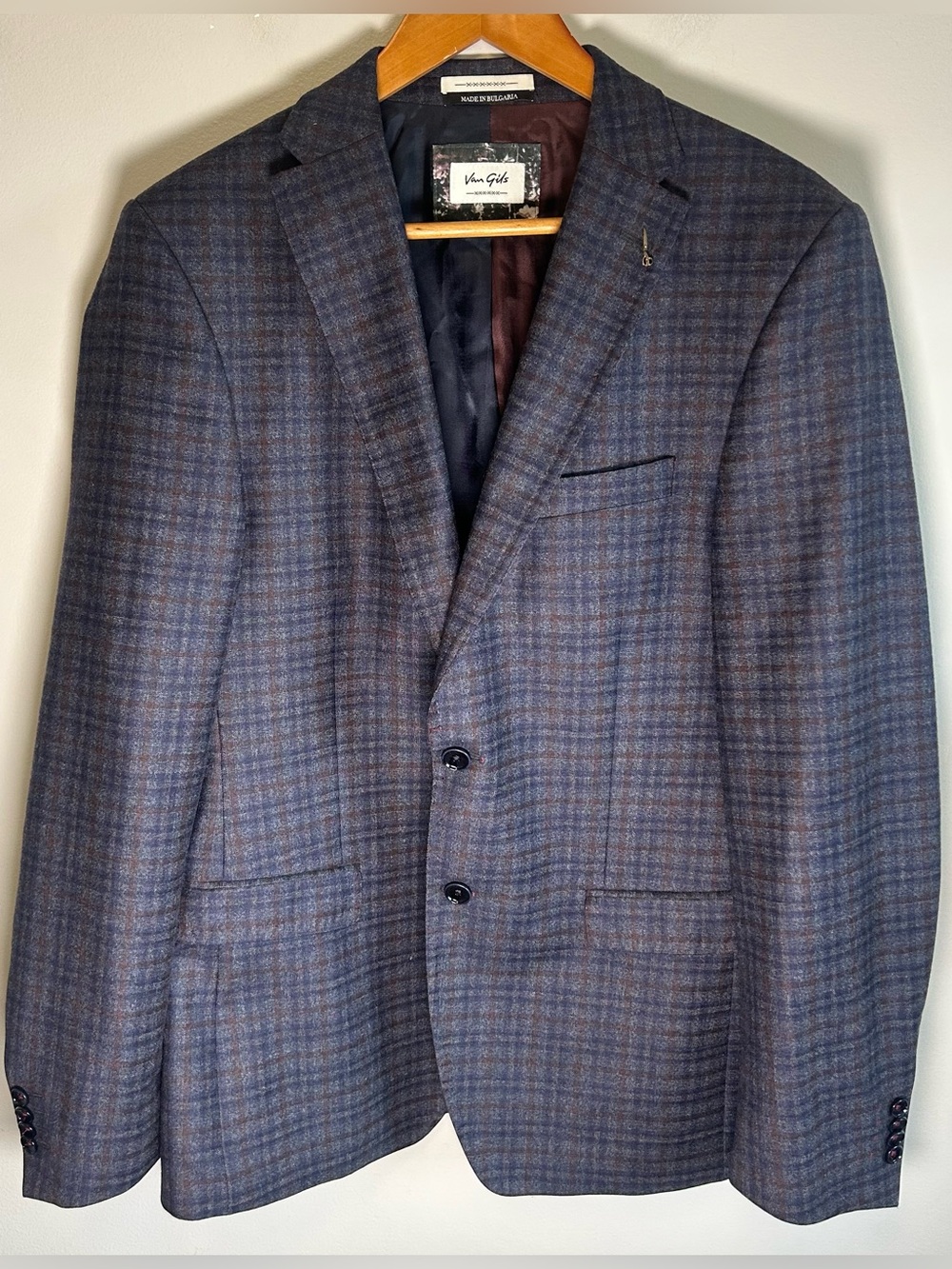 Van Gils Men’s Blazer Sport Coat 40R Plaid Blue Gray Multi Check Virgin Wool
